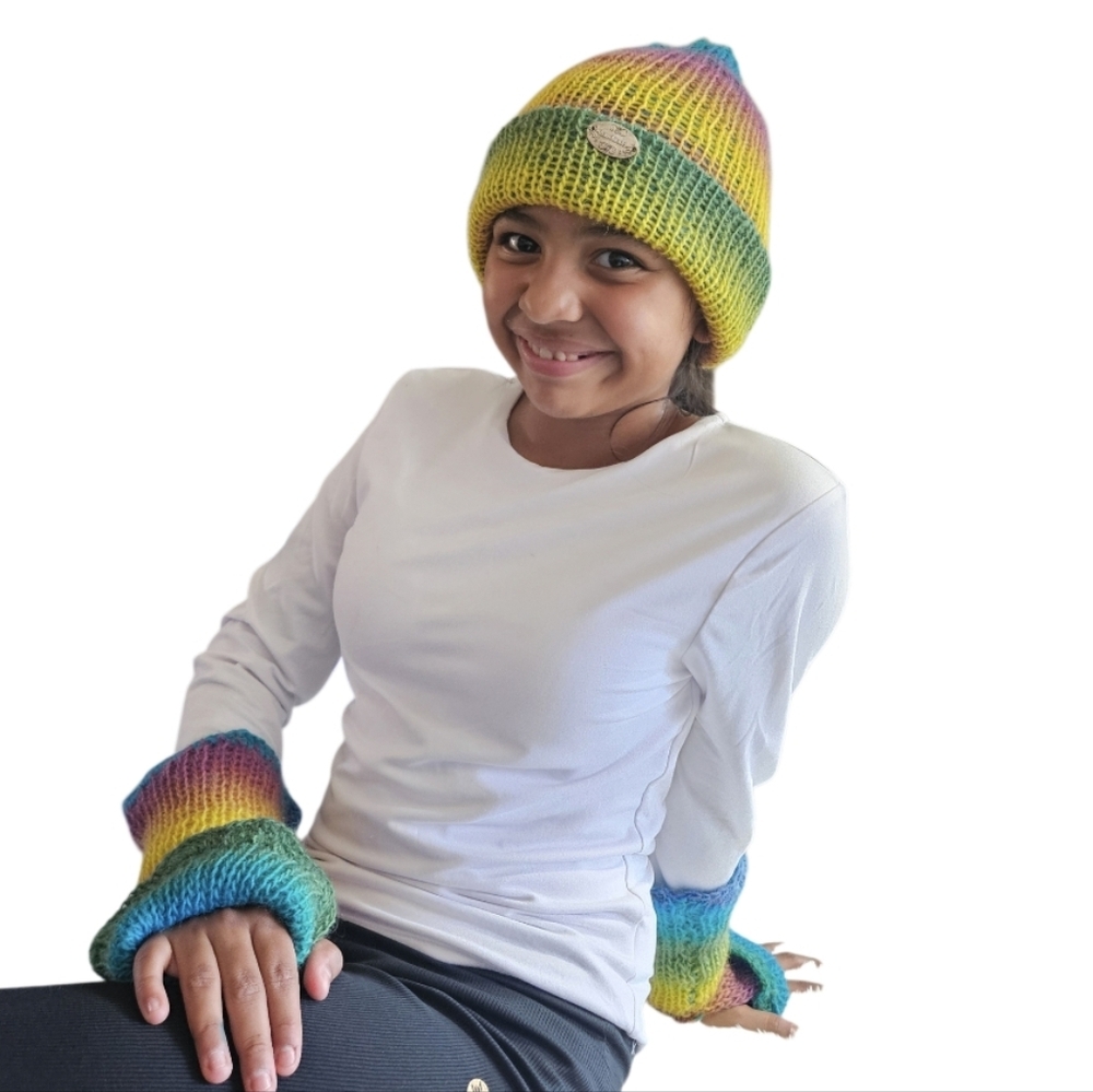 Handmade Rainbow Wool Beanie Crochet Winter Hat Pride Colorful One-of-a-Kind 10"